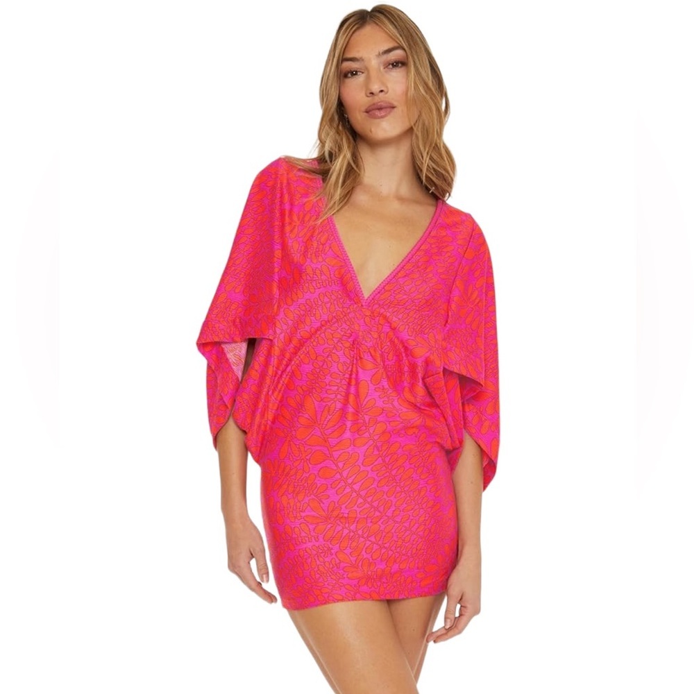 TRINA TURK PINK ORANGE PRINT STRETCH SWIM VNECK POPOVER COVERUP L
